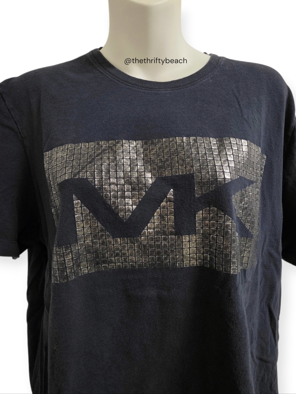 Michael Kors Men's Navy Blue Metallic Grid MK Block Logo Graphic T-Shirt L